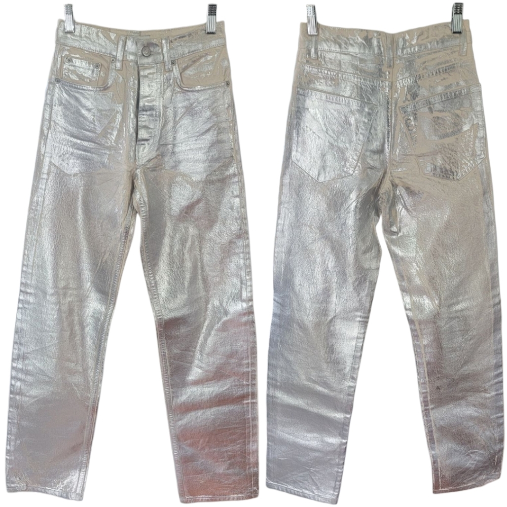Zara Metallic Jeans | Womens US 0 | Silver Painted, The Boy Boy Fit Blogger Fave